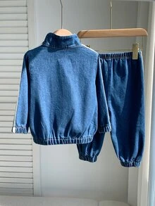 SHEIN 中性嬰兒男/女童 幼兒 2件組秋冬休閒可愛運動風丹寧立領衛衣套裝 嬰兒冬季套裝 丹寧 嬰兒運動服 - 藏蓝色 - 查看 3