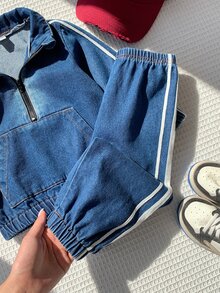 SHEIN 中性嬰兒男/女童 幼兒 2件組秋冬休閒可愛運動風丹寧立領衛衣套裝 嬰兒冬季套裝 丹寧 嬰兒運動服 - 藏蓝色 - 查看 9