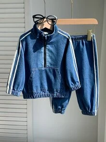 SHEIN 中性嬰兒男/女童 幼兒 2件組秋冬休閒可愛運動風丹寧立領衛衣套裝 嬰兒冬季套裝 丹寧 嬰兒運動服 - 藏蓝色 - 查看 8