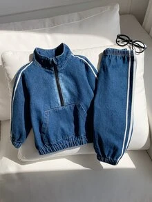 SHEIN 中性嬰兒男/女童 幼兒 2件組秋冬休閒可愛運動風丹寧立領衛衣套裝 嬰兒冬季套裝 丹寧 嬰兒運動服 - 藏蓝色 - 查看 6