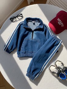 SHEIN 中性嬰兒男/女童 幼兒 2件組秋冬休閒可愛運動風丹寧立領衛衣套裝 嬰兒冬季套裝 丹寧 嬰兒運動服 - 藏蓝色 - 查看 5