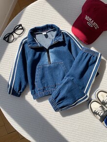 SHEIN 中性嬰兒男/女童 幼兒 2件組秋冬休閒可愛運動風丹寧立領衛衣套裝 嬰兒冬季套裝 丹寧 嬰兒運動服 - 藏蓝色 - 查看 7