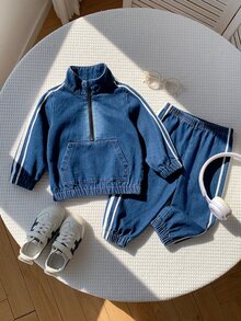 SHEIN 中性嬰兒男/女童 幼兒 2件組秋冬休閒可愛運動風丹寧立領衛衣套裝 嬰兒冬季套裝 丹寧 嬰兒運動服 - 藏蓝色 - 查看 10