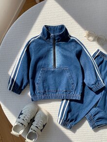 SHEIN 中性嬰兒男/女童 幼兒 2件組秋冬休閒可愛運動風丹寧立領衛衣套裝 嬰兒冬季套裝 丹寧 嬰兒運動服 - 藏蓝色 - 查看 4