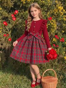 Elladie kids 女童紅色針織格紋拼接洋裝附腰帶，圓領長袖甜美公主風連身裙，秋冬萬聖節聖誕派對穿搭 - 酒紅色 - 查看 8