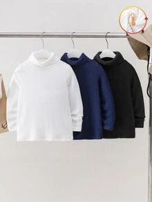 SHEIN 兒童 3件組 青少年男孩針織高領純色T恤，休閒舒適秋季衣櫥單品 - 彩色 - 查看 5