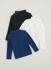 SHEIN 兒童 3件組 青少年男孩針織高領純色T恤，休閒舒適秋季衣櫥單品 - 彩色 - 查看 2