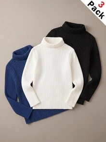 SHEIN 兒童 3件組 青少年男孩針織高領純色T恤，休閒舒適秋季衣櫥單品 - 彩色 - 查看 6