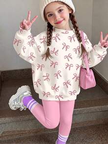 SHEIN 两件套少女奶油白和奶油粉复古豹纹蝴蝶结印花圆领舒适长袖卫衣和打底裤套装，适合秋冬季节，休闲穿搭，舒适易穿，适合秋季叠穿，时尚童装，休闲服饰，儿童印花服装，返校季，秋季服装，返校节，适合户外野餐、街头摄影、居家、校园等场合，休闲舒适。 - 彩色 - 查看 1