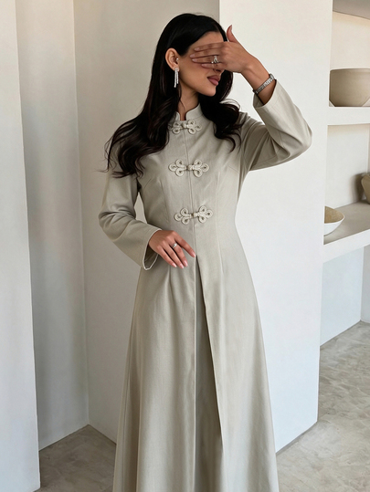 Yasmyna Women's Woven Grey Long Sleeve Frog Button Tie Waist A-Line Elegant Romantic Arabian Dress