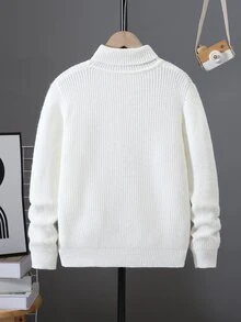 SHEIN 青少年男孩純色高領針織毛衣，舒適時尚休閒百搭簡約日常風格，適合室內、戶外、日常、運動、玩耍、派對、攝影、度假、假期，秋冬適用 - 白色 - 查看 3