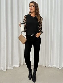 SHEIN LUNE Spring & Summer Round Neck Puff Lantern Sleeve Contrast Color Leopard Print Casual Holiday Long Sleeve T-Shirt - Black - View 4