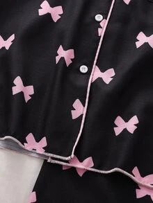 Sweet Cool Style Black Base With Soft Pink Bow Print Women's Teen Fashion Elegant Printed Open Front Short Sleeve Long Pants Exquisite Contrast Trim - Multicolor - View 4