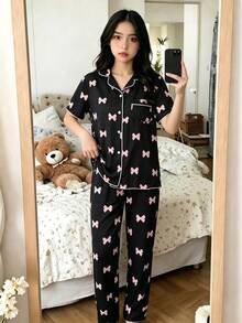 Sweet Cool Style Black Base With Soft Pink Bow Print Women's Teen Fashion Elegant Printed Open Front Short Sleeve Long Pants Exquisite Contrast Trim - Multicolor - View 5