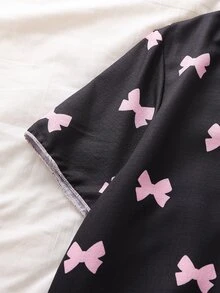 Sweet Cool Style Black Base With Soft Pink Bow Print Women's Teen Fashion Elegant Printed Open Front Short Sleeve Long Pants Exquisite Contrast Trim - Multicolor - View 8