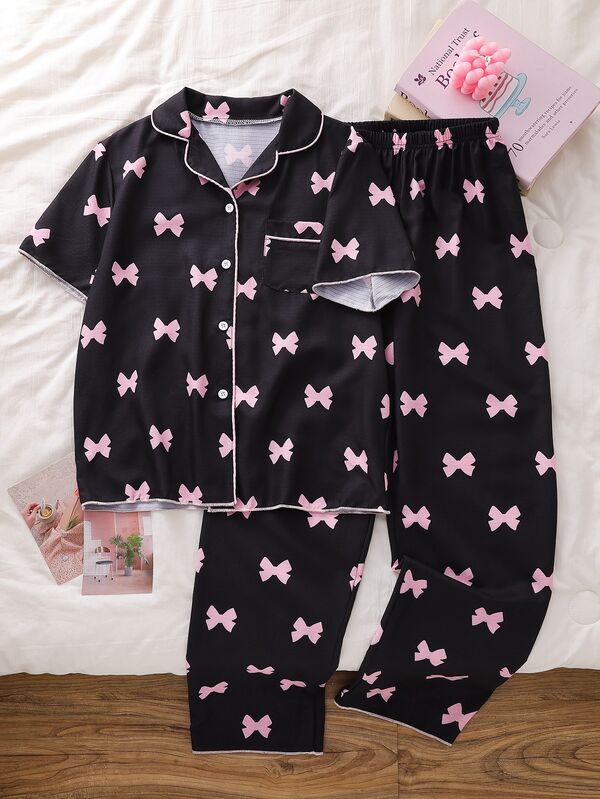 Sweet Cool Style Black Base With Soft Pink Bow Print Women's Teen Fashion Elegant Printed Open Front Short Sleeve Long Pants Exquisite Contrast Trim