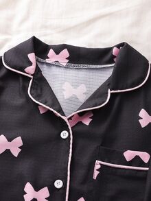 Sweet Cool Style Black Base With Soft Pink Bow Print Women's Teen Fashion Elegant Printed Open Front Short Sleeve Long Pants Exquisite Contrast Trim - Multicolor - View 3