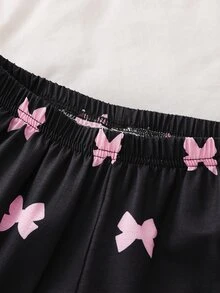 Sweet Cool Style Black Base With Soft Pink Bow Print Women's Teen Fashion Elegant Printed Open Front Short Sleeve Long Pants Exquisite Contrast Trim - Multicolor - View 7