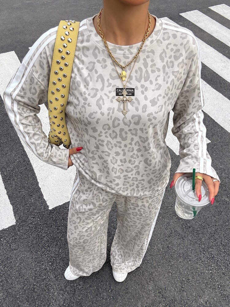 Muchica Women Casual Sports Set, Leopard Print Side Stripe Long Sleeve Top & Wide Leg Pants Y2K Fall Women's Two Piece Outfit - Light Grey - View 7