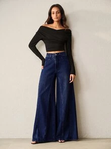 Anewsta 女款春夏時尚拼接藍色母親節寬腿牛仔褲 - 藍色 - 查看 2