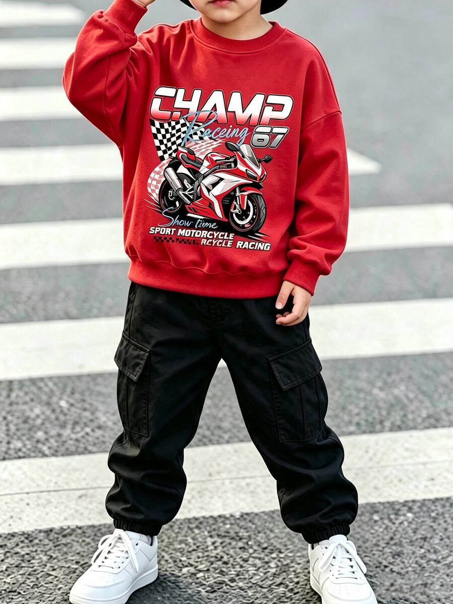 2pcs/Set Motorcycle Print Pattern Versatile Fashion Comfortable Red Crew Neck Sweatshirt Black Jogger Cargo Pants Sweatshirt Set Suitable For All Seasons - Multicolor - View 1