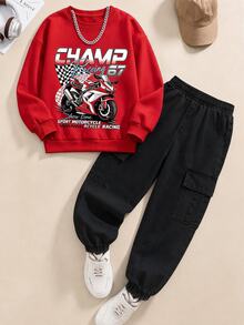2pcs/Set Motorcycle Print Pattern Versatile Fashion Comfortable Red Crew Neck Sweatshirt Black Jogger Cargo Pants Sweatshirt Set Suitable For All Seasons - Multicolor - View 2