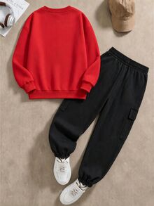 2pcs/Set Motorcycle Print Pattern Versatile Fashion Comfortable Red Crew Neck Sweatshirt Black Jogger Cargo Pants Sweatshirt Set Suitable For All Seasons - Multicolor - View 4
