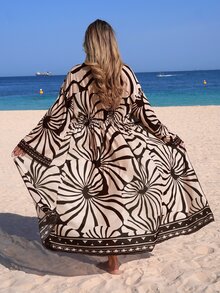 Swim Lushoire 女款春夏海灘度假網格印花長袖前綁帶比基尼罩衫長版和服風連身裙 米色熱帶波希米亞風 - 黑色 - 查看 2