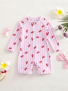 SHEIN Baby Girl Summer Vacation Striped Cherry Print Zipper Half-Open Raglan Sleeve One-Piece Swimsuit - Multicolor - View 1