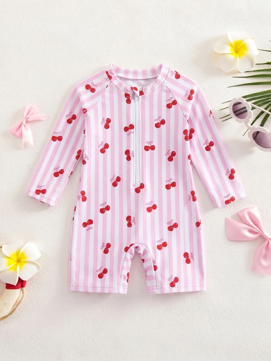 SHEIN Baby Girl Summer Vacation Striped Cherry Print Zipper Half-Open Raglan Sleeve One-Piece Swimsuit - Multicolor - View 1