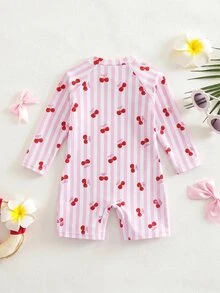 SHEIN Baby Girl Summer Vacation Striped Cherry Print Zipper Half-Open Raglan Sleeve One-Piece Swimsuit - Multicolor - View 2