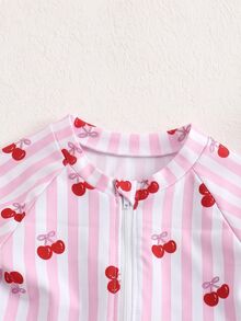 SHEIN Baby Girl Summer Vacation Striped Cherry Print Zipper Half-Open Raglan Sleeve One-Piece Swimsuit - Multicolor - View 3