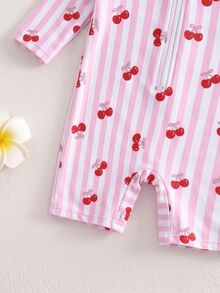 SHEIN Baby Girl Summer Vacation Striped Cherry Print Zipper Half-Open Raglan Sleeve One-Piece Swimsuit - Multicolor - View 5