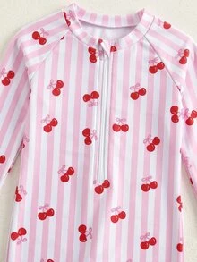 SHEIN Baby Girl Summer Vacation Striped Cherry Print Zipper Half-Open Raglan Sleeve One-Piece Swimsuit - Multicolor - View 4