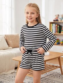 Tween Girl Black And White Long Sleeve T-Shirt Shorts Set School Career Autumn - Black and White - View 6