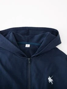 SHEIN Reset Phase 女童青少年套裝，海軍藍連帽長袖拉鍊運動衫小馬圖案，背心上衣彈性腰直筒長褲，秋季六年級 - 藏蓝色 - 查看 8