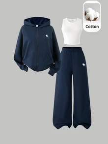 SHEIN Reset Phase 女童青少年套裝，海軍藍連帽長袖拉鍊運動衫小馬圖案，背心上衣彈性腰直筒長褲，秋季六年級 - 藏蓝色 - 查看 4