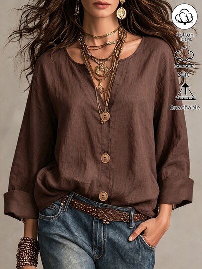 Weeklong Plus Size Dark Brown Linen Blend V-Neck Button-Up Shirt, Minimalist Casual, No Pockets, Everyday And Office Top Fall/Winter Chic