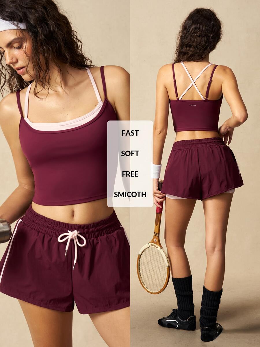 VARSIVA Bộ đồ thể thao thường ngày nữ 2 món gồm áo camisole giả layer và quần short cạp chun dây rút