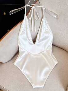 Franclia Women's Faux Pearl Decor Tie-Up Casual Bodysuit, Versatile For Daily Wear - White - View 2