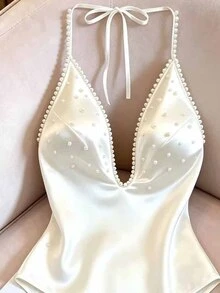 Franclia Women's Faux Pearl Decor Tie-Up Casual Bodysuit, Versatile For Daily Wear - White - View 5