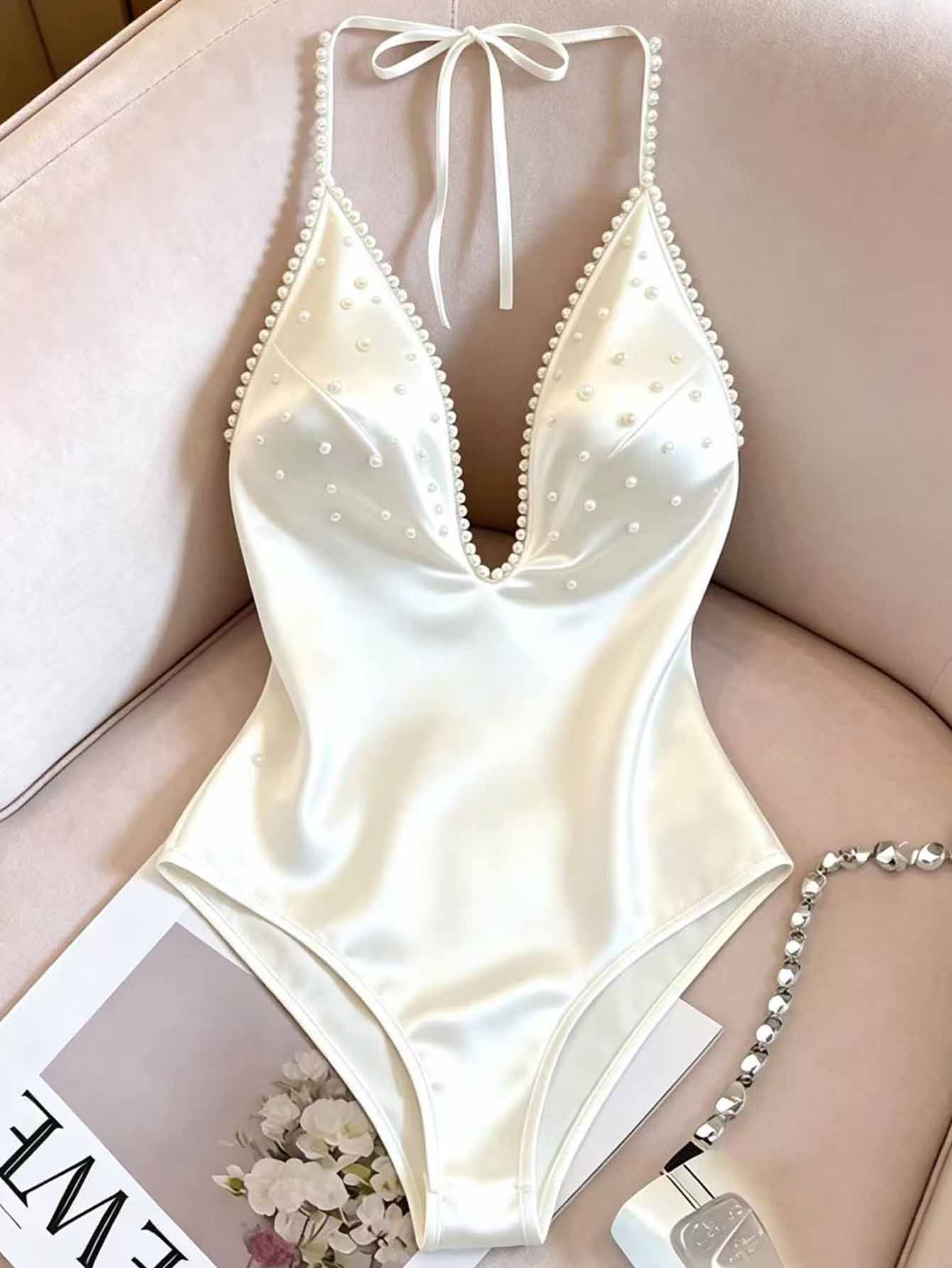 Franclia Women's Faux Pearl Decor Tie-Up Casual Bodysuit, Versatile For Daily Wear - White - View 1