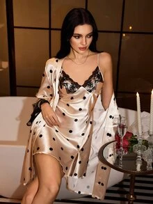 SilkySpell Set Piyama Sutra Seksi dan Elegan untuk Wanita, Piyama Motif Beige yang Elegan, Set Piyama Warna Kontras dengan Hiasan Renda untuk Tidur di Rumah Musim Gugur - Aprikot - View 5