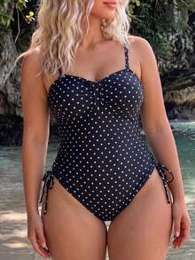 Swim Mod Plus Size Women's One-Piece Random Polka Dot Print Casual Swimsuit - Black and White - View 5