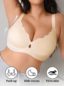 Plus Size Wire-Free Push-Up Jelly Bra Molded Cup Design Comfortable Support Cutout Design Wide Straps One-Piece Plus Size Bra Lifting Bra. - Beige - View 3