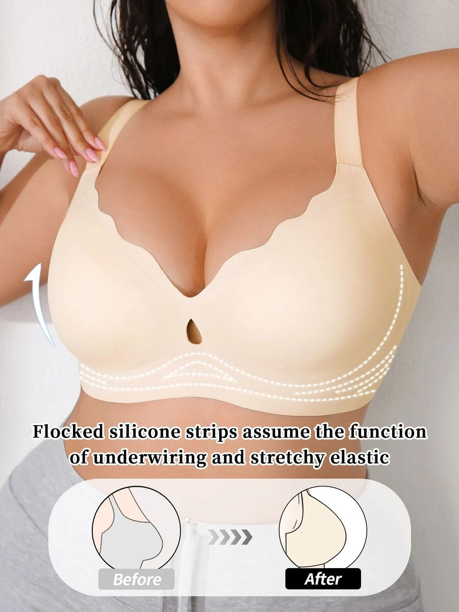 Plus Size Wire-Free Push-Up Jelly Bra Molded Cup Design Comfortable Support Cutout Design Wide Straps One-Piece Plus Size Bra Lifting Bra. - Beige - View 1
