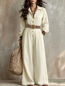 LUMIGAL Spring/Autumn New Commute Vacation Date Solid Color Women's Lapel Button Long Sleeve Cinched Waist Loose Wide Leg Jumpsuit - Apricot - View 4