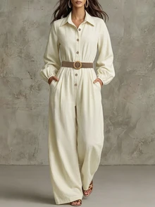 LUMIGAL Spring/Autumn New Commute Vacation Date Solid Color Women's Lapel Button Long Sleeve Cinched Waist Loose Wide Leg Jumpsuit - Apricot - View 6
