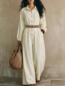 LUMIGAL Spring/Autumn New Commute Vacation Date Solid Color Women's Lapel Button Long Sleeve Cinched Waist Loose Wide Leg Jumpsuit - Apricot - View 9
