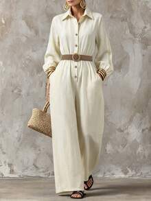 LUMIGAL Spring/Autumn New Commute Vacation Date Solid Color Women's Lapel Button Long Sleeve Cinched Waist Loose Wide Leg Jumpsuit - Apricot - View 8